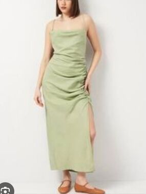 Zara linen Light Sage Green Ruched Maxi Dress